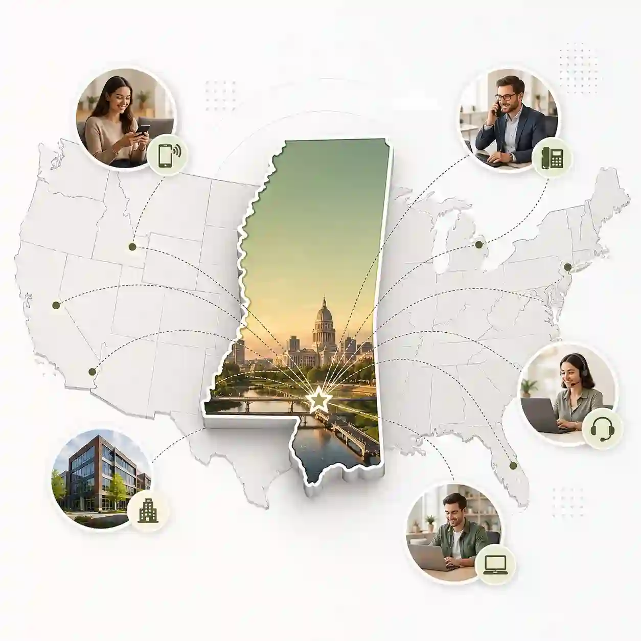 Mississippi state outline with icons for mobile, office, remote team and call center connected to a central phone pin